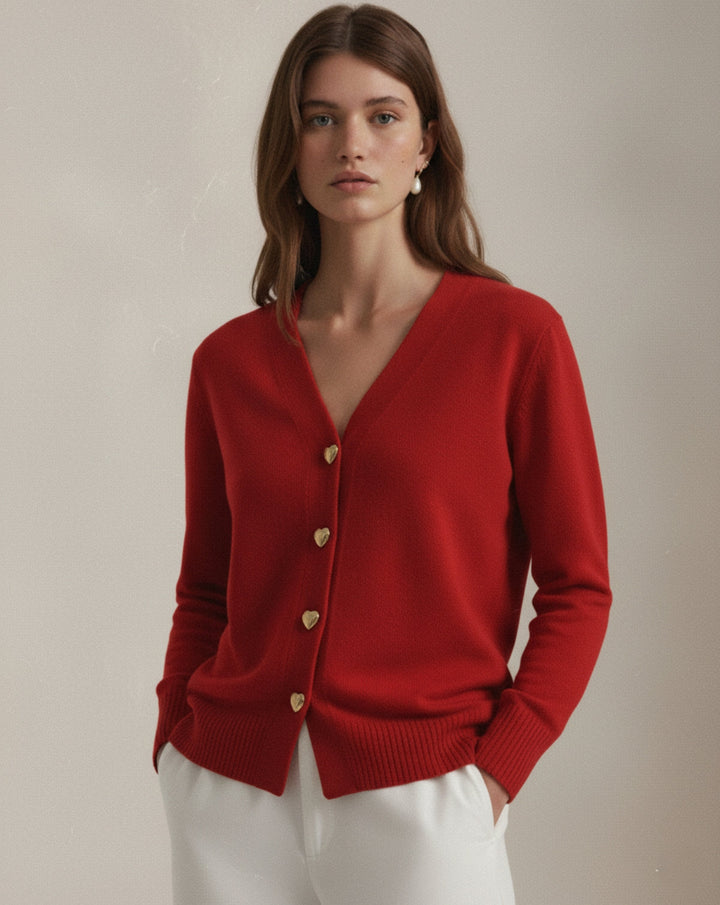 VALENTINE - Cardigan Laine Boutons Cœur Dorés - MAZZARO