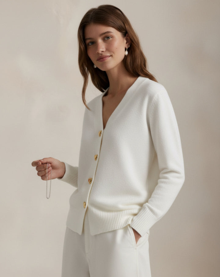 VALENTINE - Cardigan Laine Boutons Cœur Dorés - MAZZARO