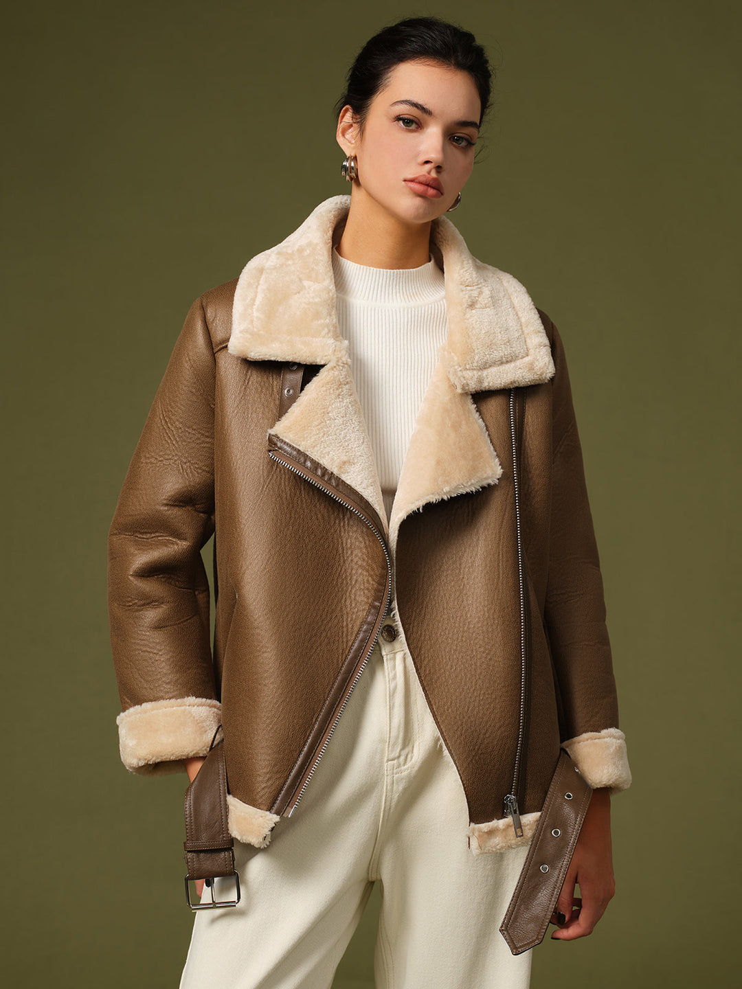 Clémence – Veste aviateur en shearling avec ceinture - MAZZARO