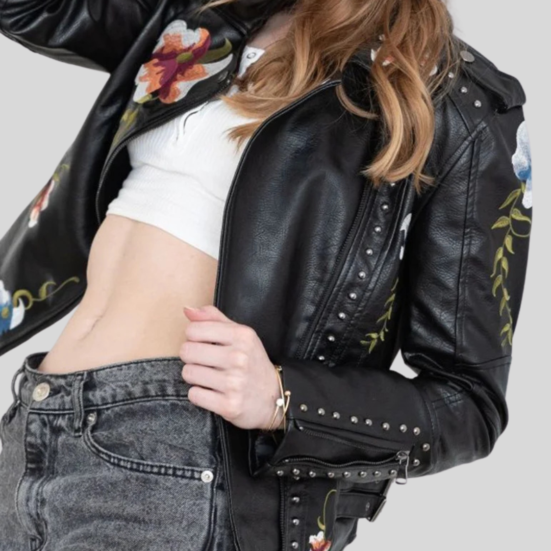 Emilia-Calou-Veste en cuir avec broderie florale rétro - MAZZARO