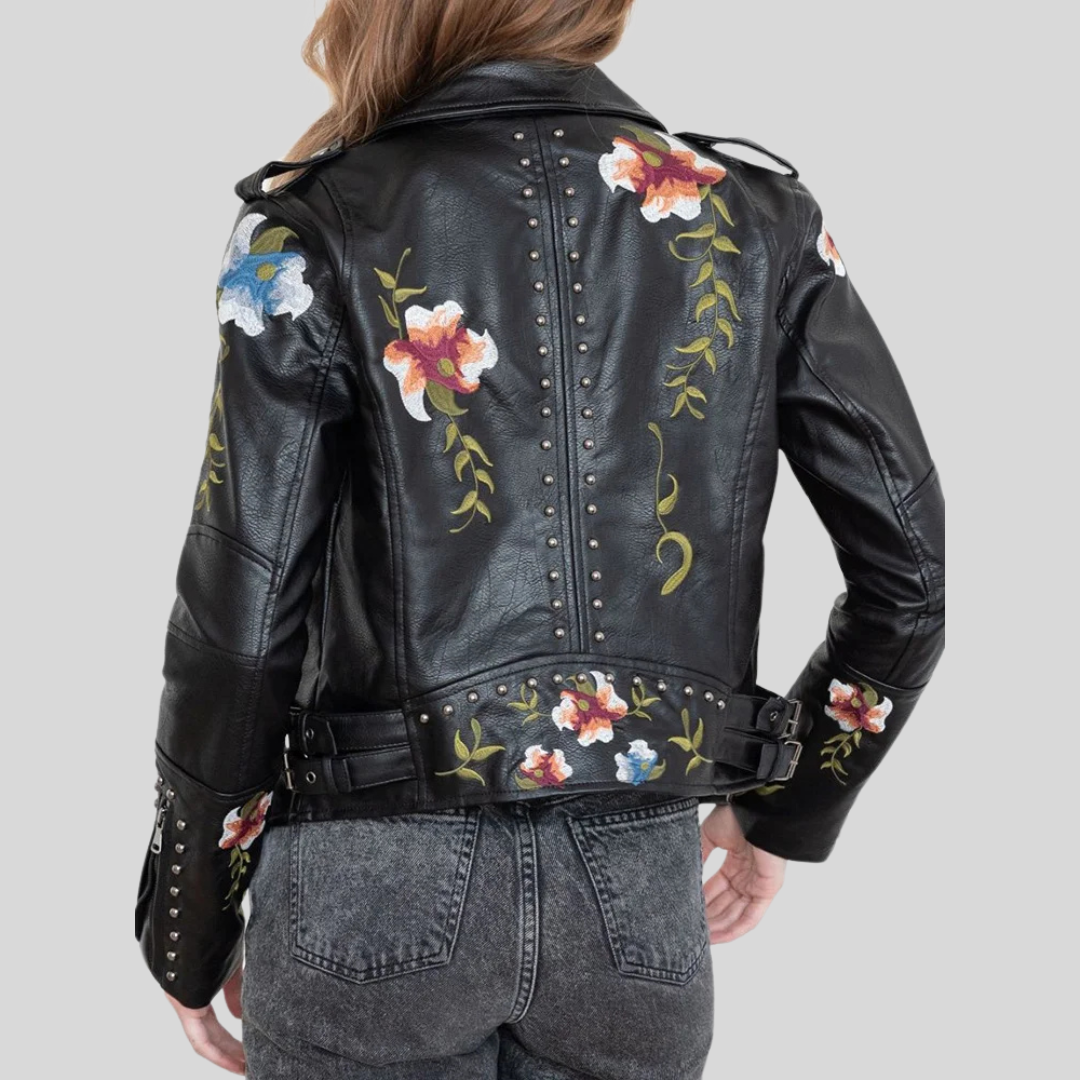 Emilia-Calou-Veste en cuir avec broderie florale rétro - MAZZARO