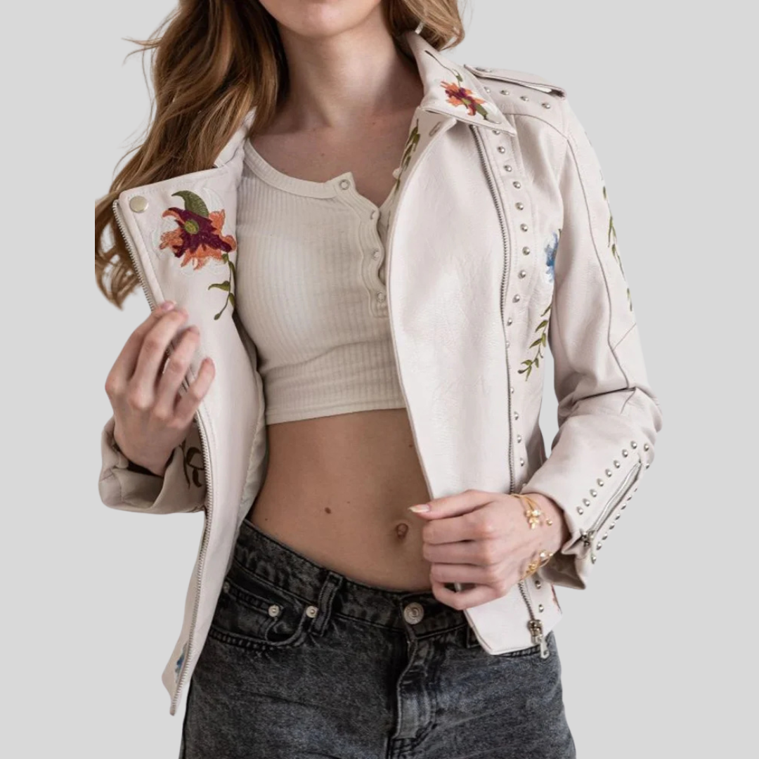 Emilia-Calou-Veste en cuir avec broderie florale rétro - MAZZARO